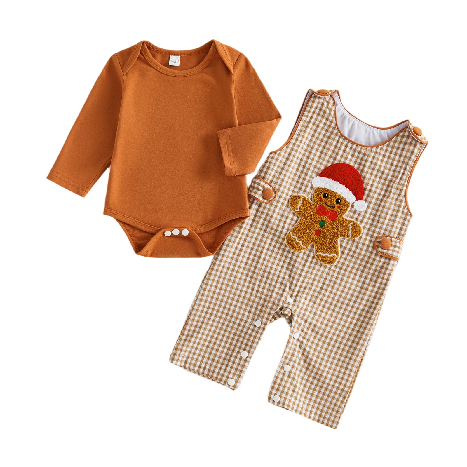 Boy Christmas Outfit Long Sleeve Romper with Gingerbread Man Plaid Overalls