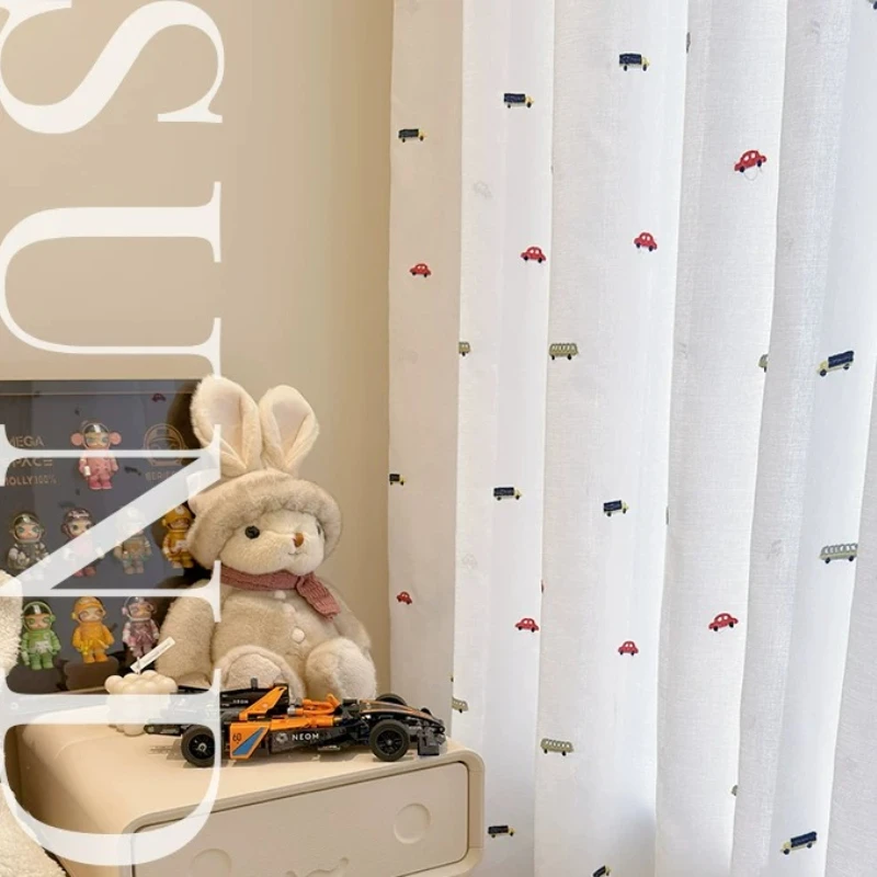Premium Handmade Embroidered Sheer Curtain Cute Cartoon Design Light-Permeable Kids-children Curtains for Bedroom Linen Decor