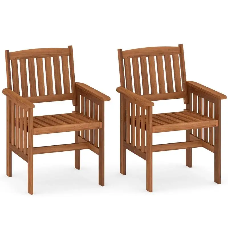 Set of 2 Outdoor Solid Wood Patio Chairs with Armrests, Slatted Seat and Inclined Backrest, Reinforced Frame Supports 300 Lbs, Adult Leisure Furniture for Porch Balcony Poolside