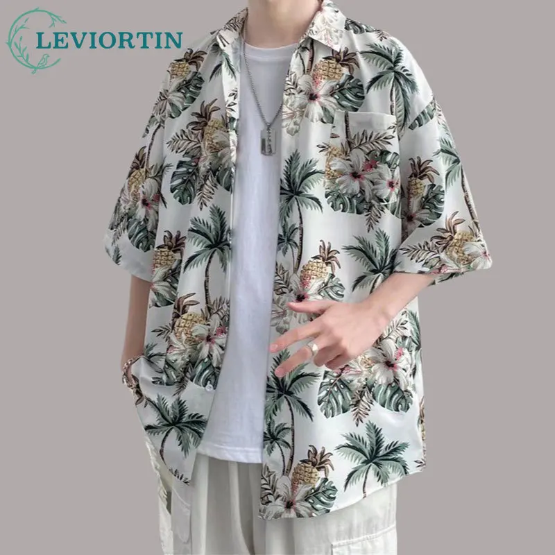 Summer Men's Thin Floral Shirt Short Sleeve Korean Version Trendy Ruffian Handsome Holiday Beach Shirt Unisex Streetwear