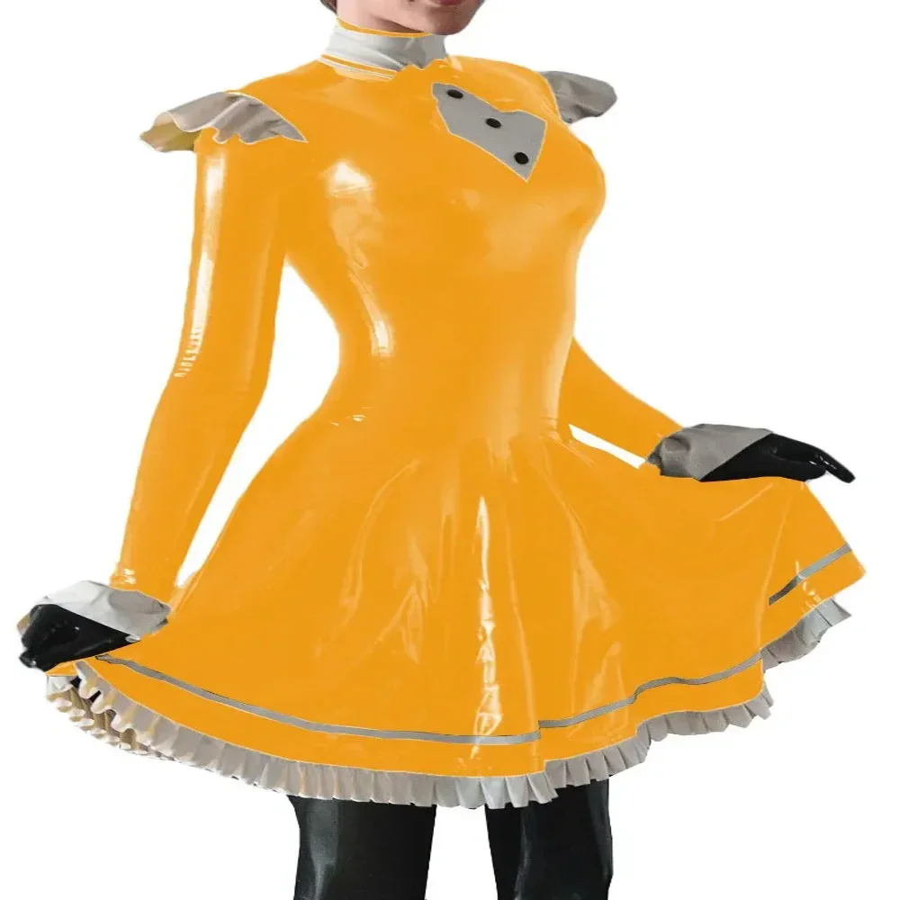 Plus Size French Lolita Dress, Long Sleeve, High Neck Pleated Mini Vestido, Vinyl PVC Leather Ruched, Fantasia Carnival Costumes