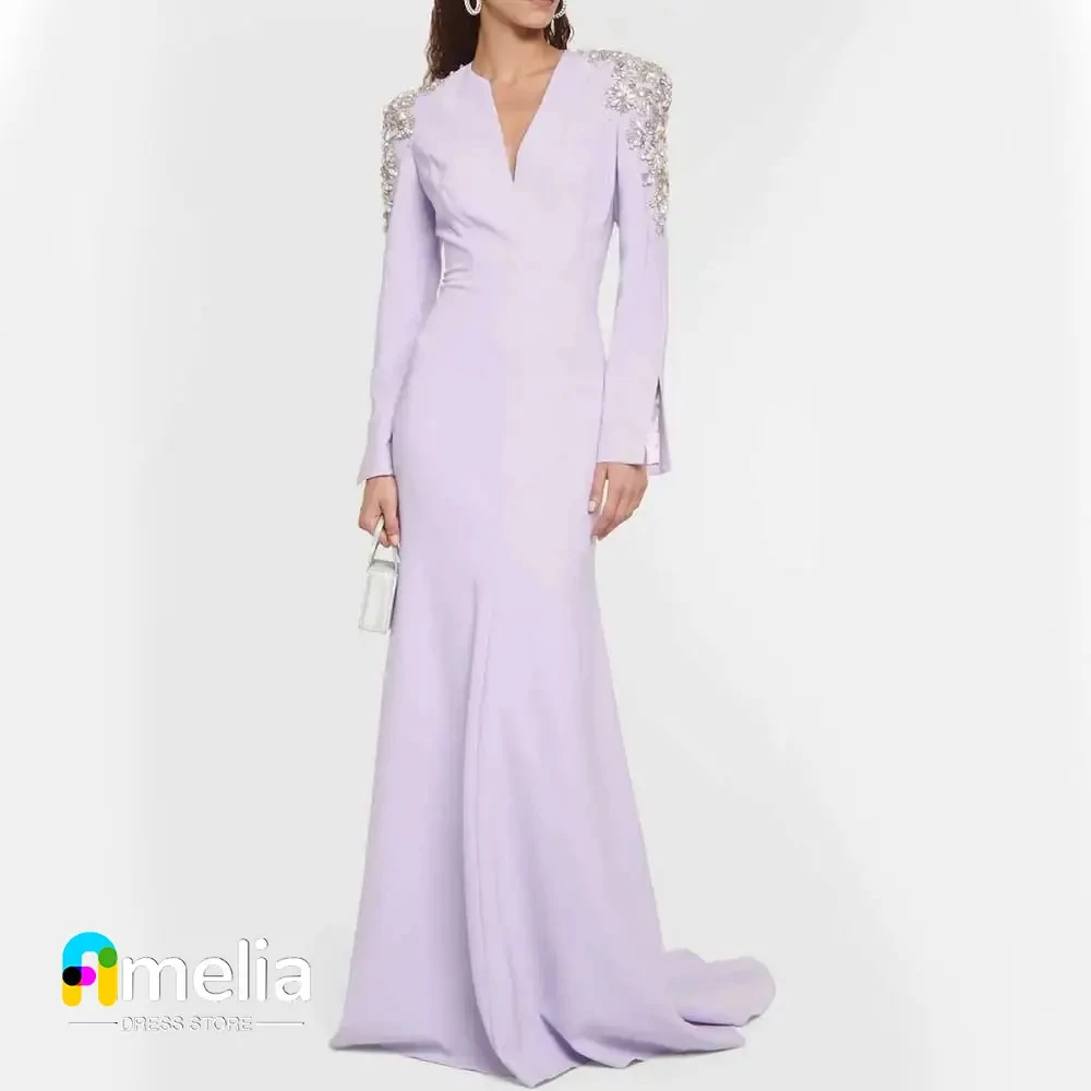 Amelia V-Neck Prom Dress  Floor Length Long Sleeves Evening Dress With Summer Women Wedding Party Formal Gowns Arabia