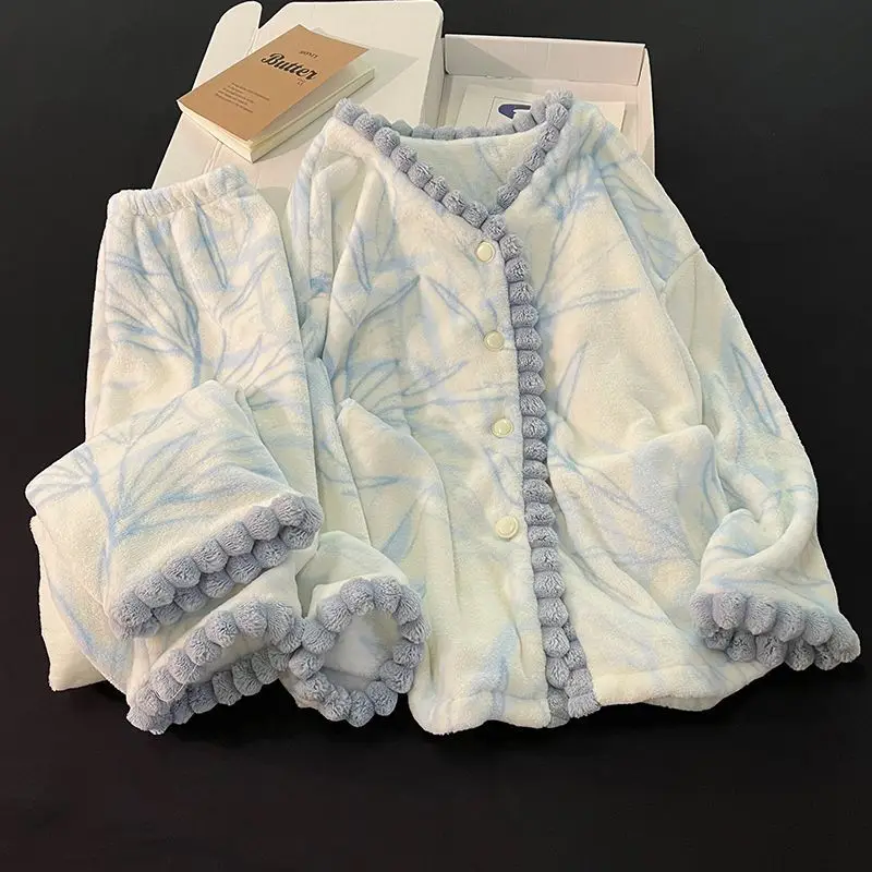 

Korean style pajamas Women's new model winter coral fleece thicken keep warm blue premium feel homewear suit Breathable Pajamas