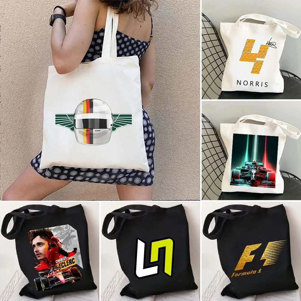 Cool F1 Formula 1 Lando Norris Bottas Racing Car Men Women Canvas Shoulder Cotton Tote Bag Harajuku Eco Shopper Shopping Handbag