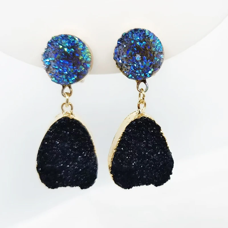 2019 New Bohemian Green Druzy Resin Stone Clip on Earrings No Pierced for Women Jewelry Drusy Ear Clips Eardrop Long Earrings