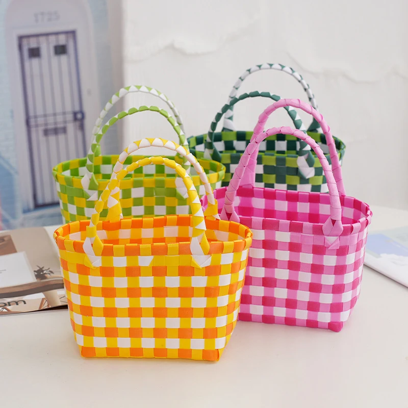 

Plastic Woven Handbag Simple Color Wicker Picnic Basket Handheld Grocery Bags Outdoor Camping Picnic Bag