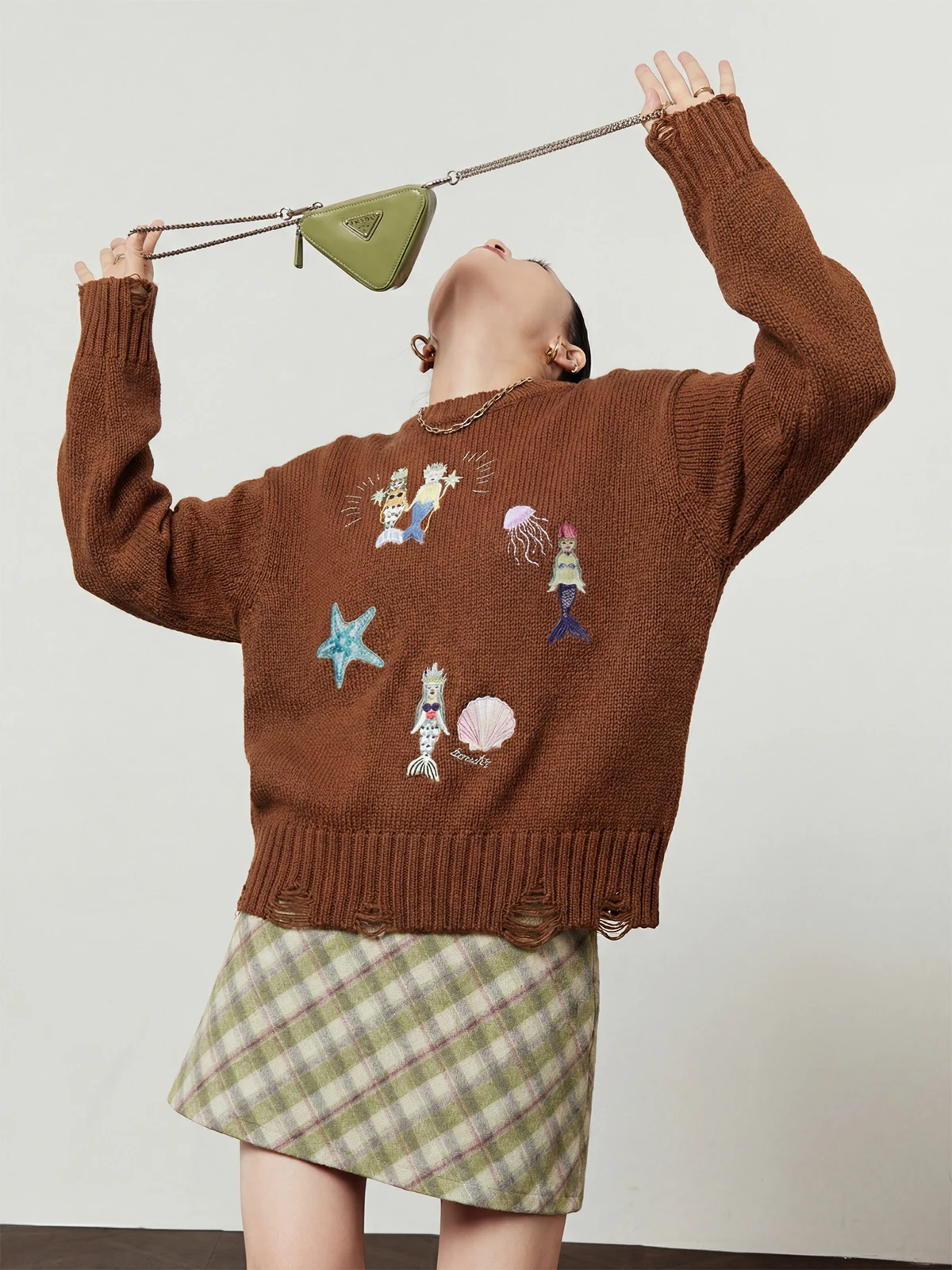 

Ele Embroidered Knit Sweater Women's Loose Fit Autumn Winter Casual Sle Faionable Versatile Lazy Design Casual Top