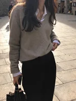 Foreign style V-neck 100% pure cashmere sweater women's pullover autumn and winter loose wool base shirt 4