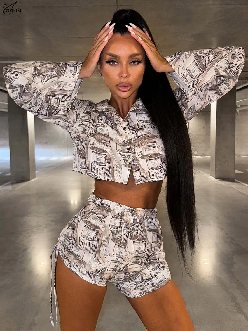 

Oymimi Casual Light Brown Print Two Piece Set Woman Fashion Lapel Long Sleeve Button Crop Shirts + High Waist Lace-Up Shorts Set