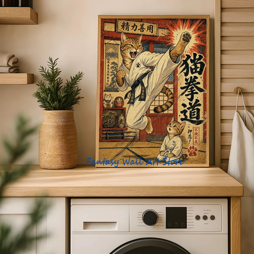 Ukiyo-e Samurai Cat Funny Cats Vintage Poster Tattooed Gangster Kimono Samurai Cats Japanese Wall Decor Canvas Painting Wall Art
