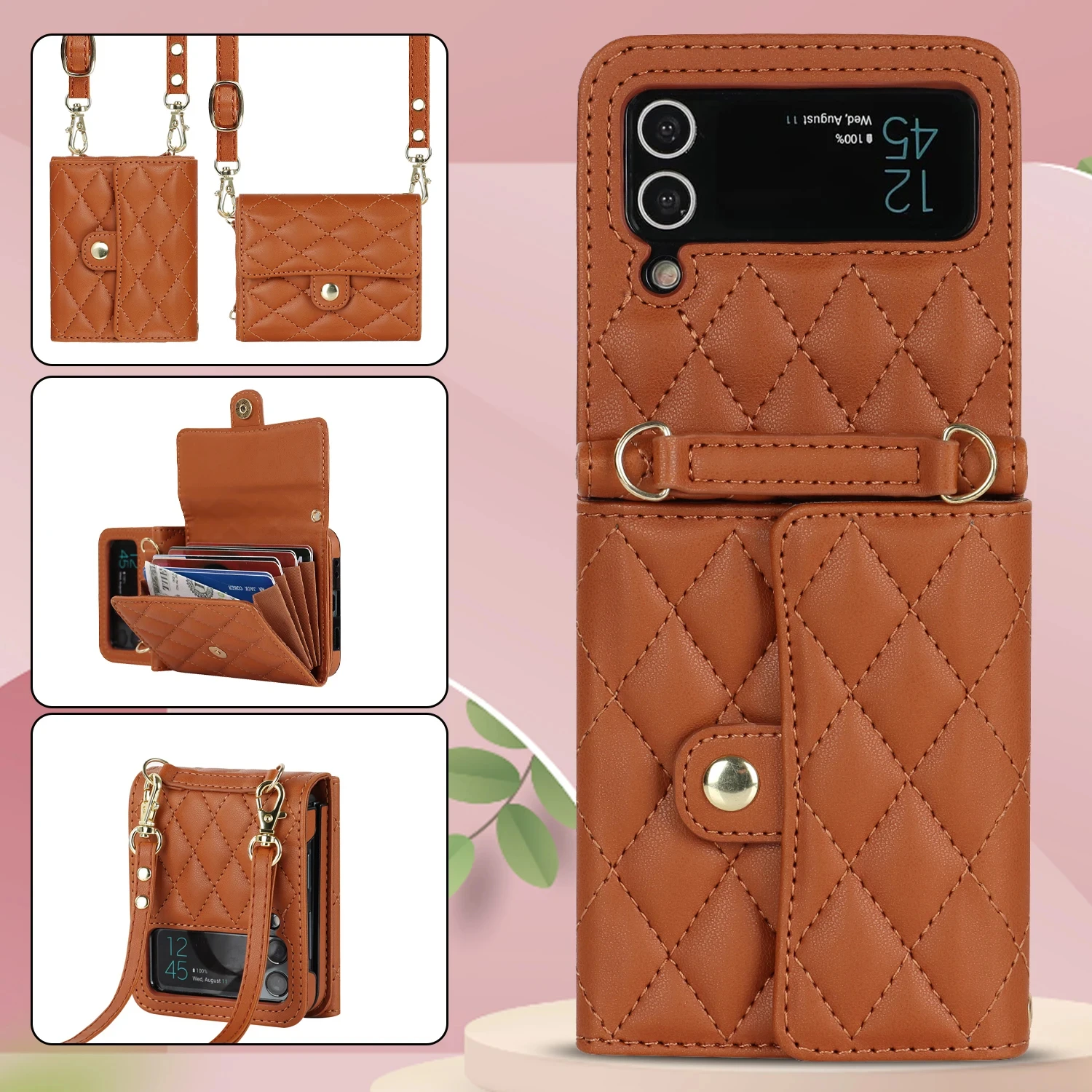 

Leather Phone Case for Samsung Galaxy Z Flip, Long Lanyard Wallet, Pocket, Samsung Galaxy Z Flip, 6, 5 Huawei P50, OPPO Find N2