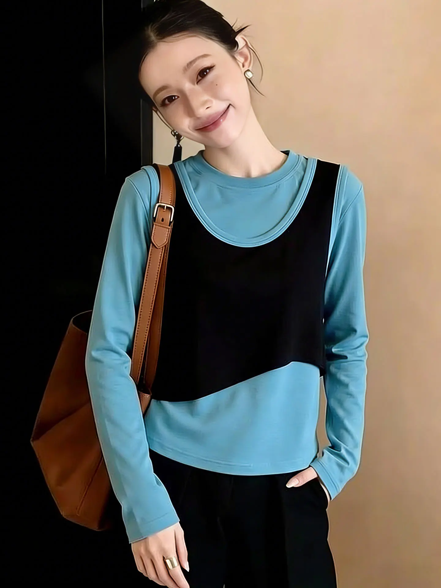 

Trendy Long Sve round Ne Slim Fit Color Blo Base irt Spring Faion Top Korean Design Sensation European High End Brand