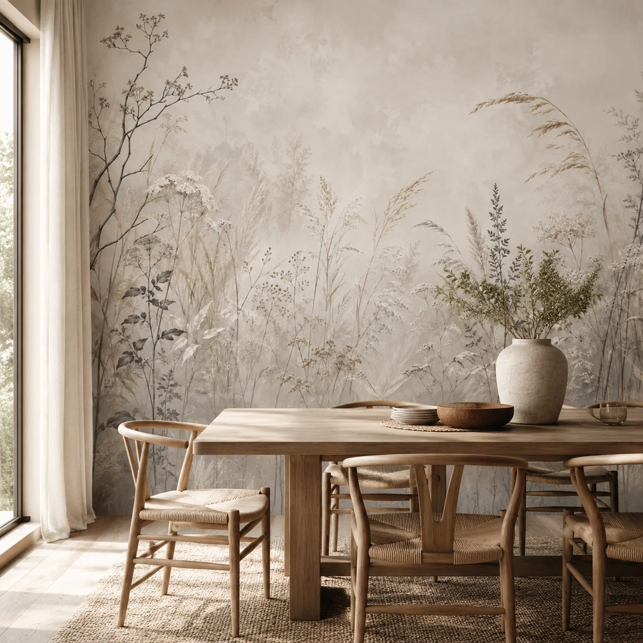 Cream Wildflower Meadow Wall Mural Wallpaper, Neutral Botanical Grass Landscape Decor for Living Room, Paste Required