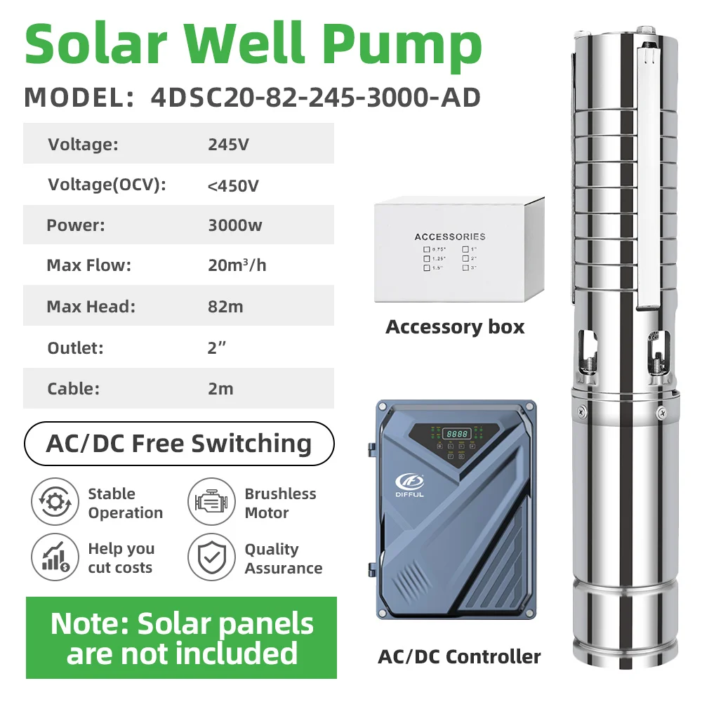 DIFFUL Solar Pumps Kit, 4 inch 3000 W 245 V 82 M Head 20m³/h High Flow  AC/DC With MPPT Control Brushless Motor For Livestock