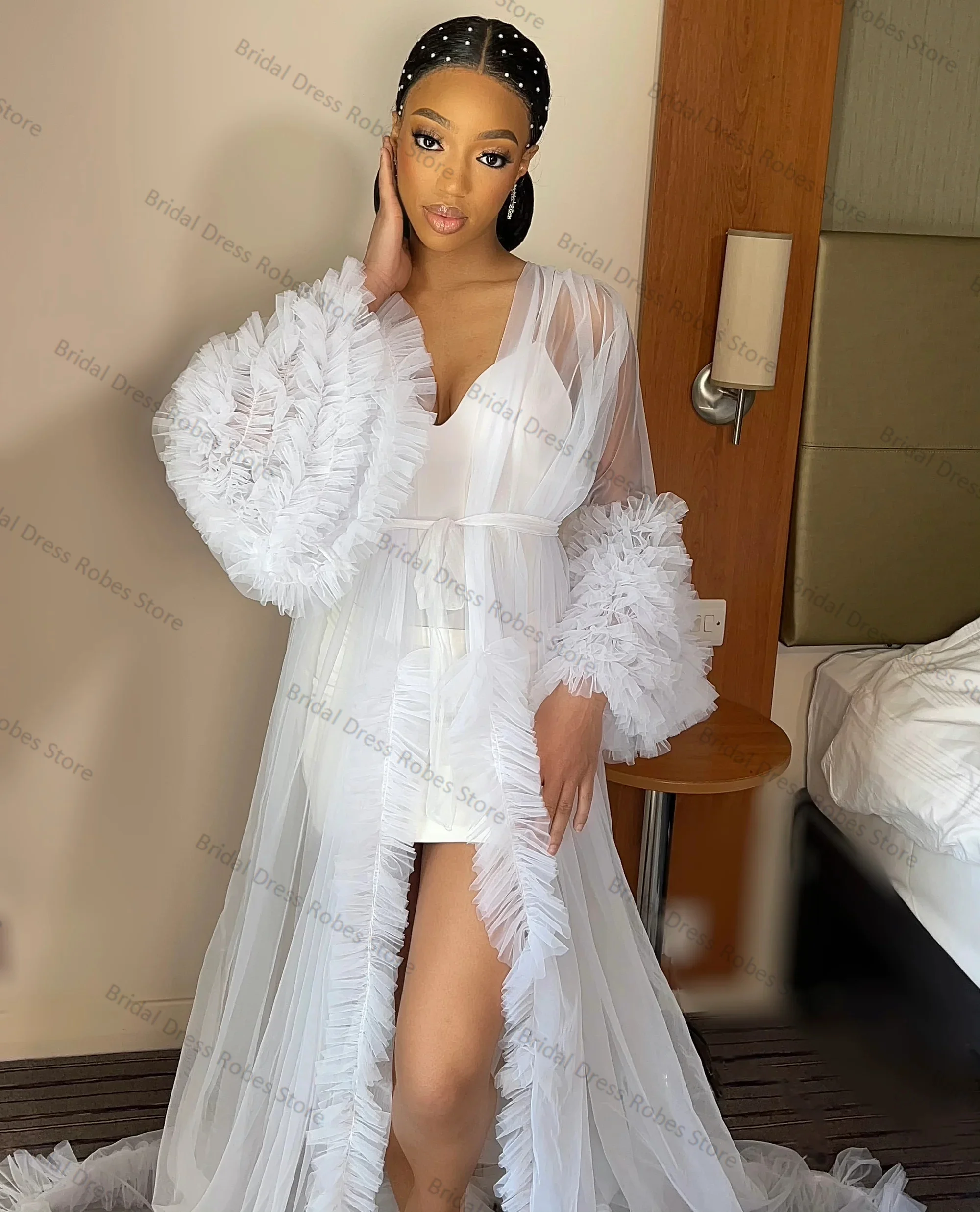 White 2 Pieces Women Maternity Dresses for Photo Shoot Bridal Full Sleeves Tiered Tulle Robe Wedding Prom Dress Customized image 2