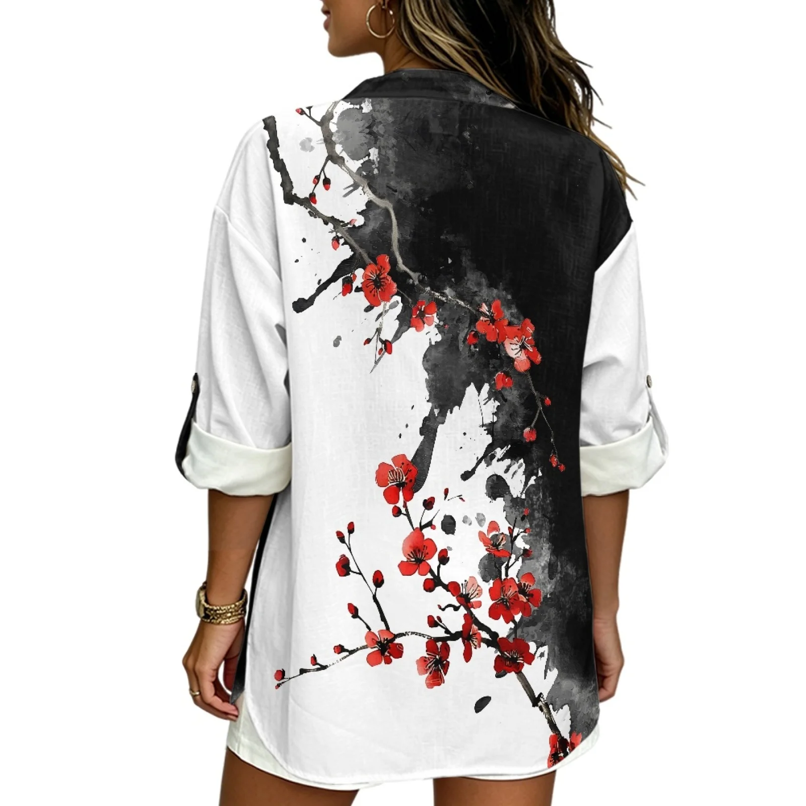 PENSTROLL Roll Up Sleeve Linen Like Tunic Tops Soft Long Sleeve Blouses for Office Red Plum Blossom