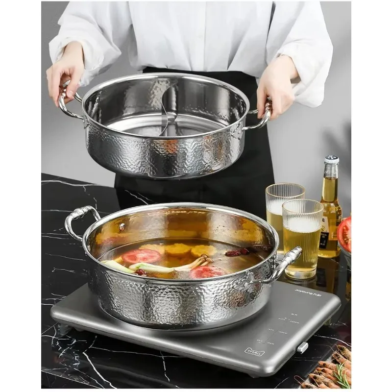 

Italian manual hammer printing pot 3-layer steel clear soup pot Commercial double flavor 304 stainless steel thick hot pot