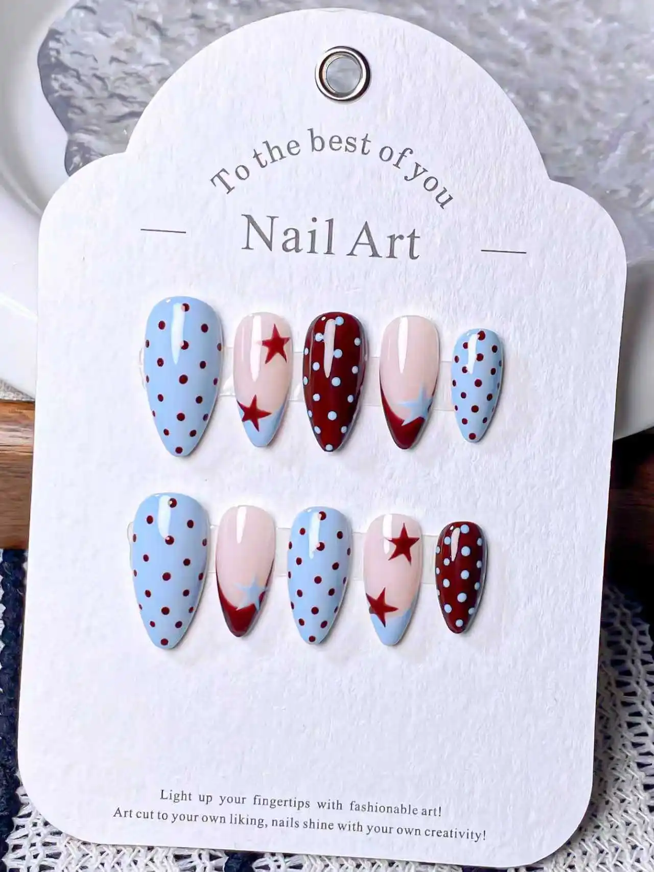 

10 pieces of pure handmade almond nail art in blue polka dots, brown pentagram design, stylish and high-end.