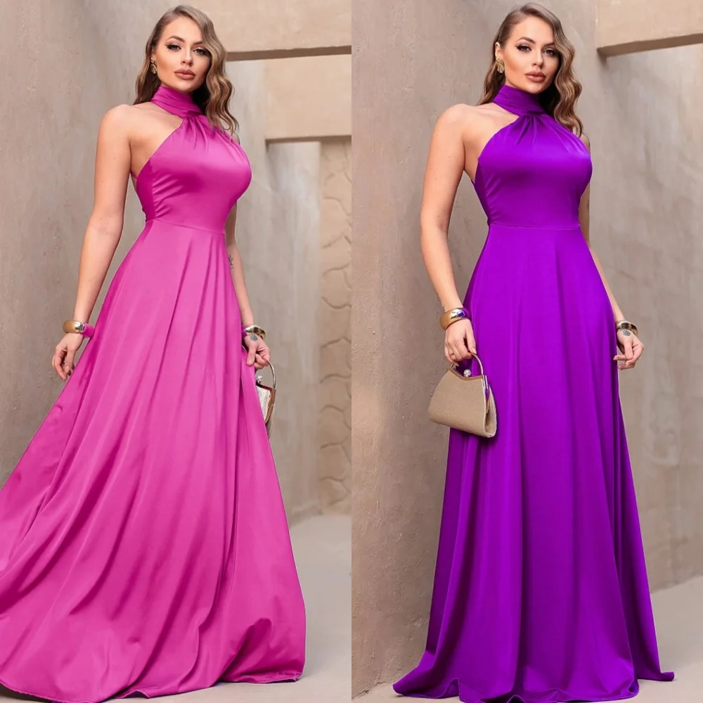 Customized Simple Satin Evening Dress Exquisite Halter Sleeveless Prom Dresses Luxury Backless Open Back Vestido De Festa
