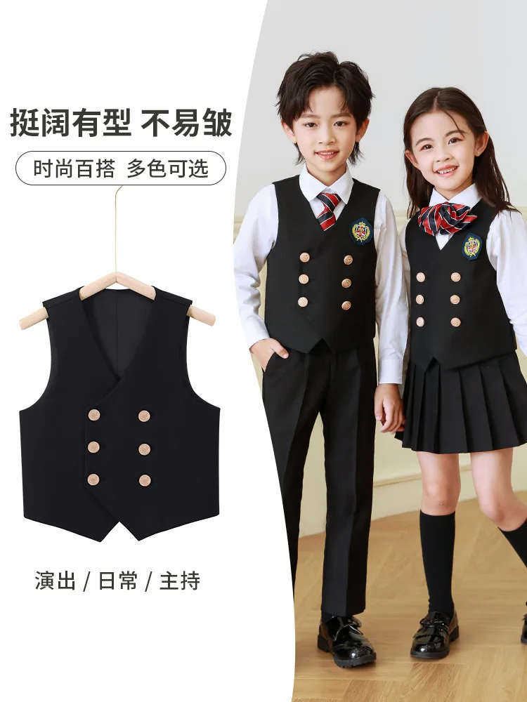 Kids Double-breasted Vest Suit Pants Girls Waistcoat Skirts Boys Student Clothes Sets Toddler Suits Child School Uniform Outfits