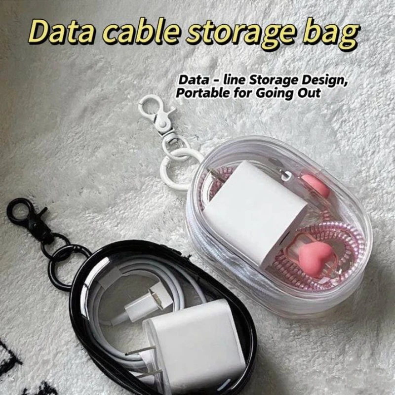 Portable Mini Transparent Storage Bag with Zipper Multifunctional Headphone and Charger Case Travel Accessories with Keychain
