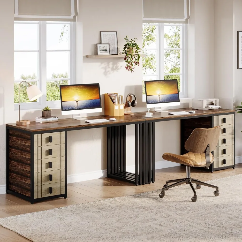 Computer Desk with 5 Drawers, 55-Inch Home Office Desk with Reversible File Drawer Cabinet, Modern Wooden Work Writin