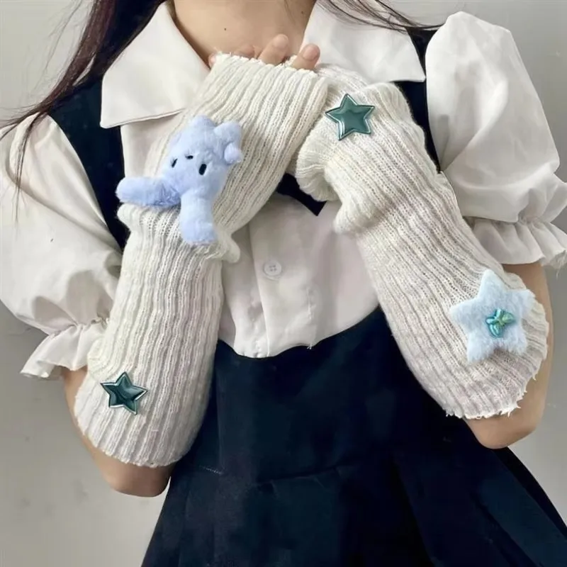 Womens Knit Long Sleeves Fingerless Gloves Fashion Arm Sleeve Warmers Y2k Kawaii Star Long Gloves Fashion Arm Warm Accessories