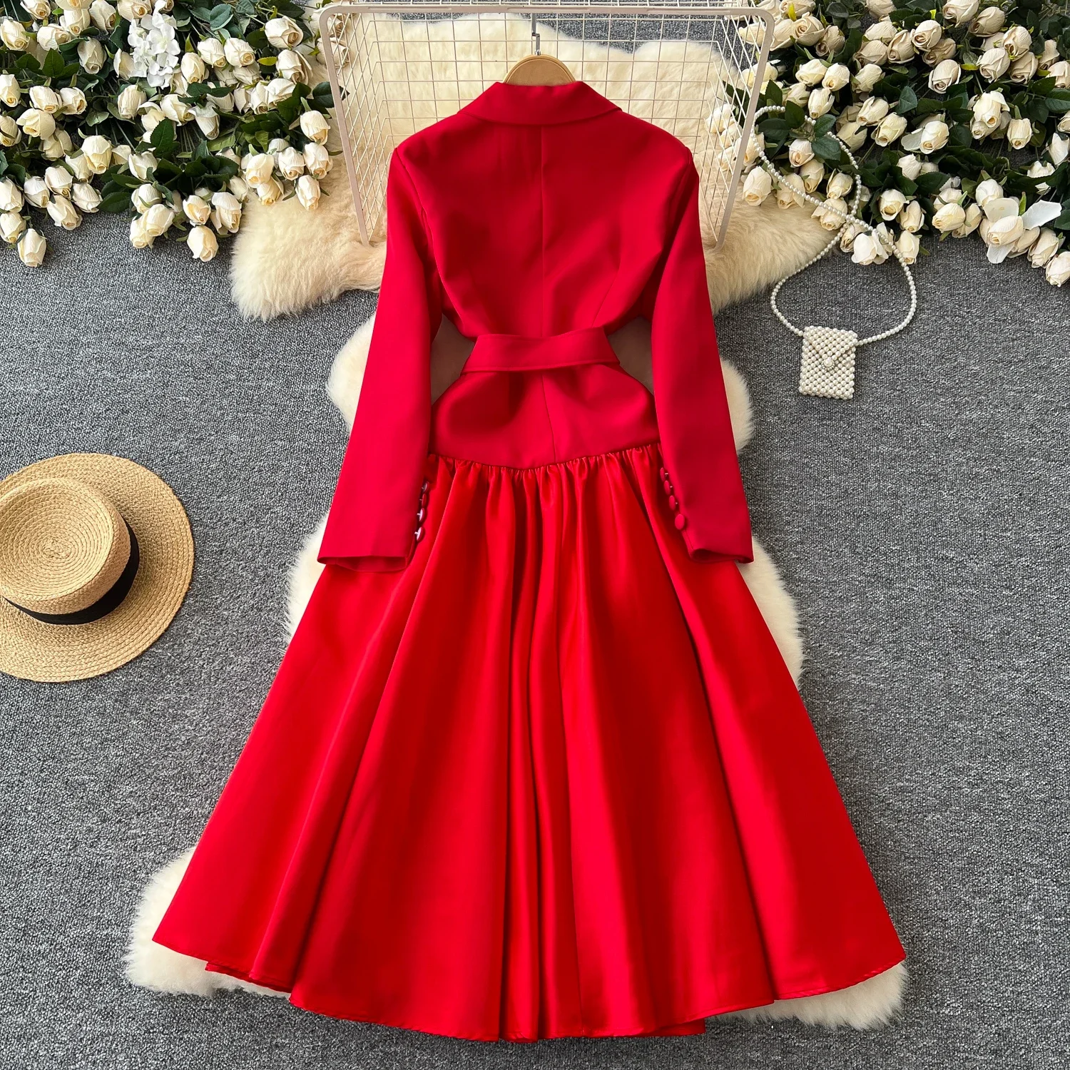 Chic Korean Fashion Bandage Turn-down Collar Spliced Long Sleeve Slim Dress Vintage Women High Street Autumn Winter Clothing