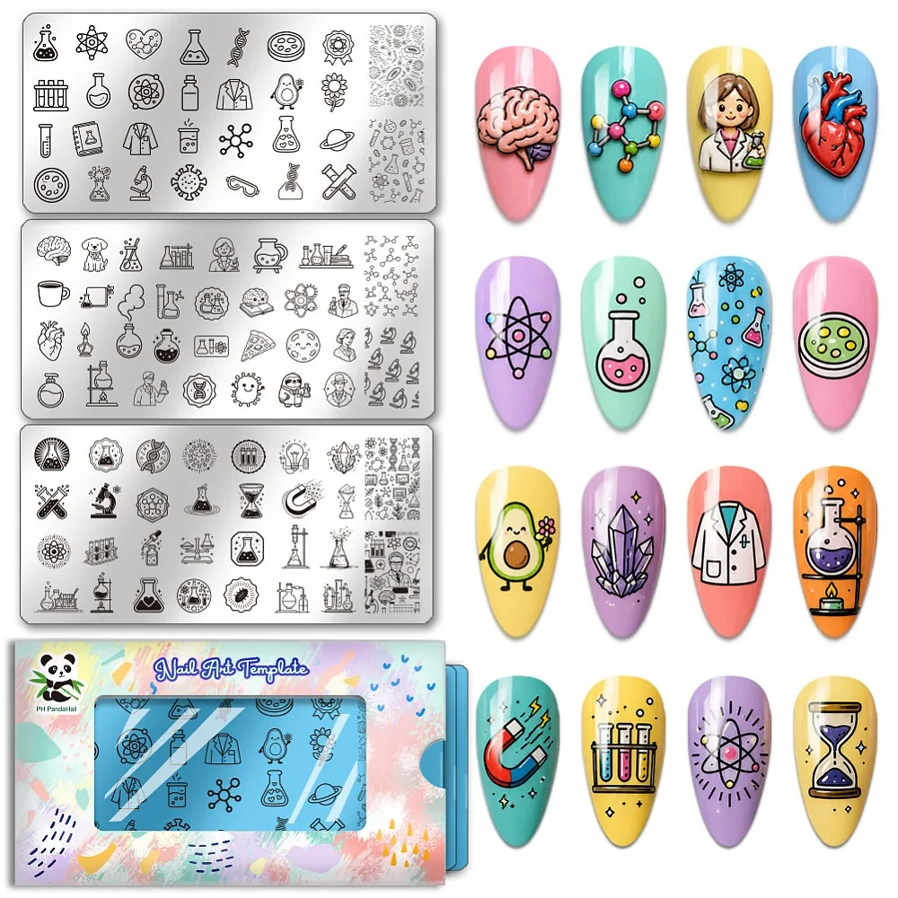 3pcs Scientific Experiment Nail Stamping Plates Laboratory Equipment Nail Art Templates Chemistry Nails Art Stencils Tubes Nails