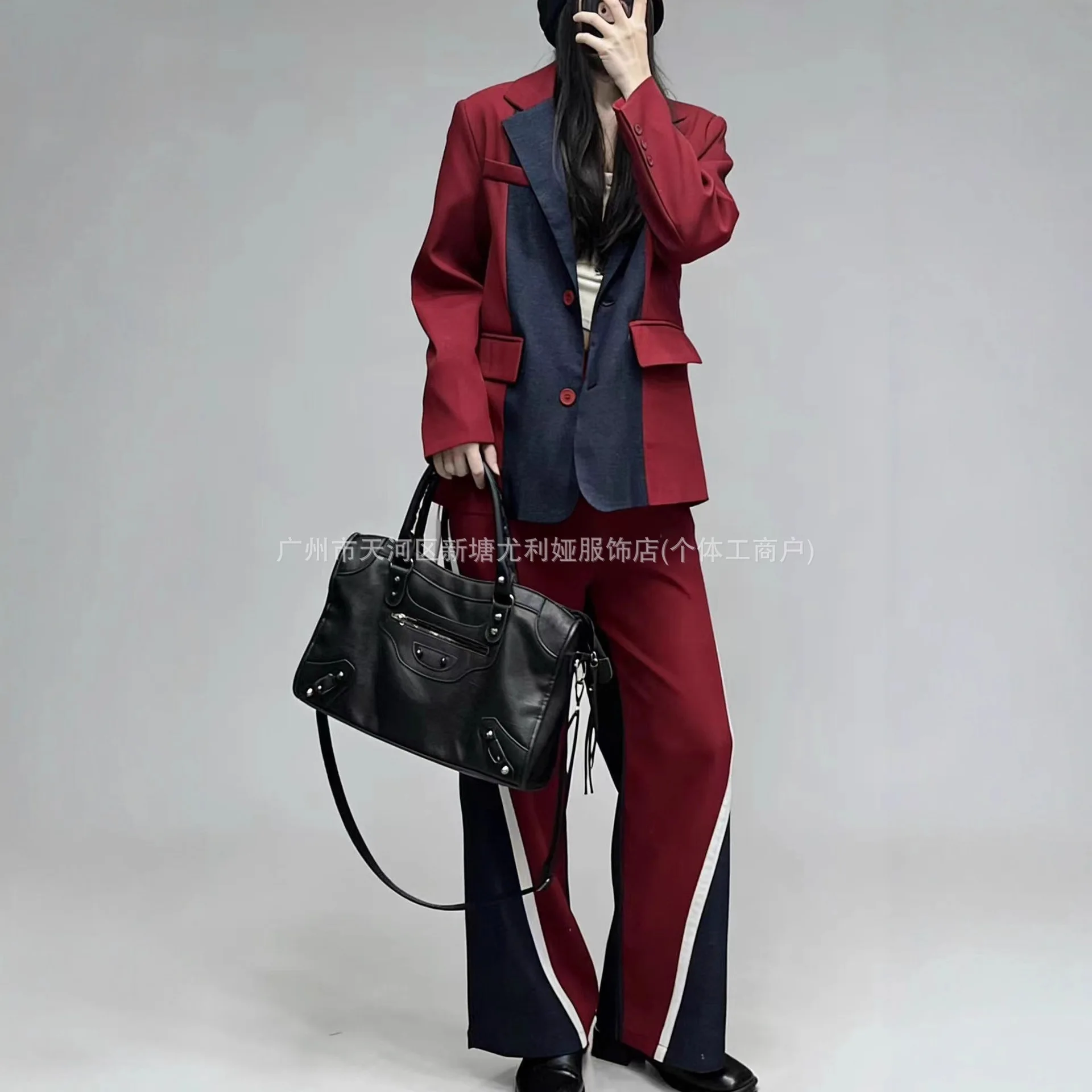 

SuperAen Autumn New Korean-style Personalized Contrast Color Patchwork Loose Suit High Waist Design Long Pants Two Pieces Sets