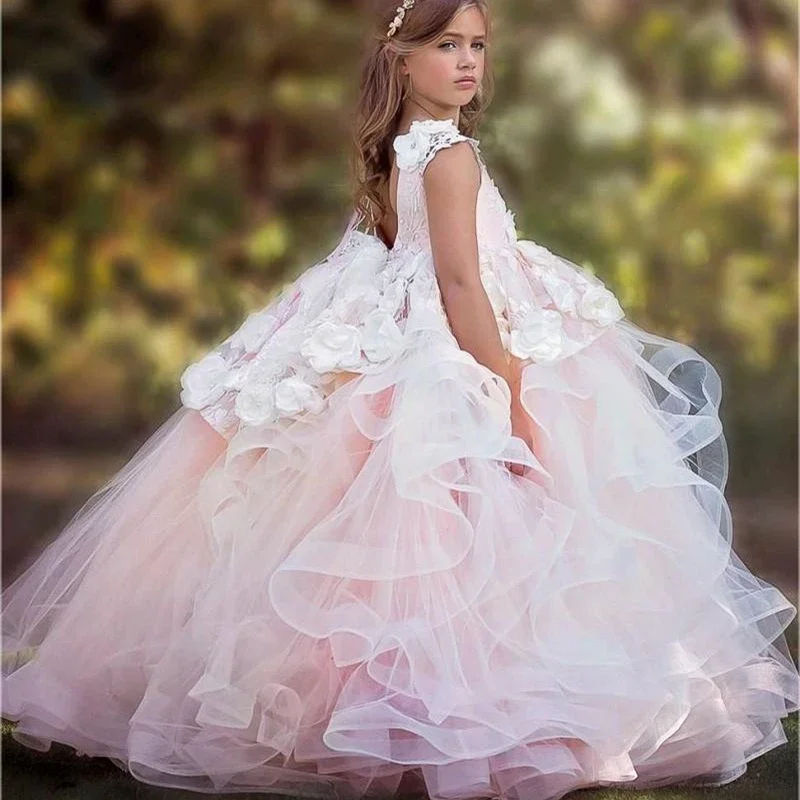 

Princess Flower Girl Dress Fluffy Lace Appliques Cascading Little Girl Wedding Birthday Party First Communion Holiday Gown