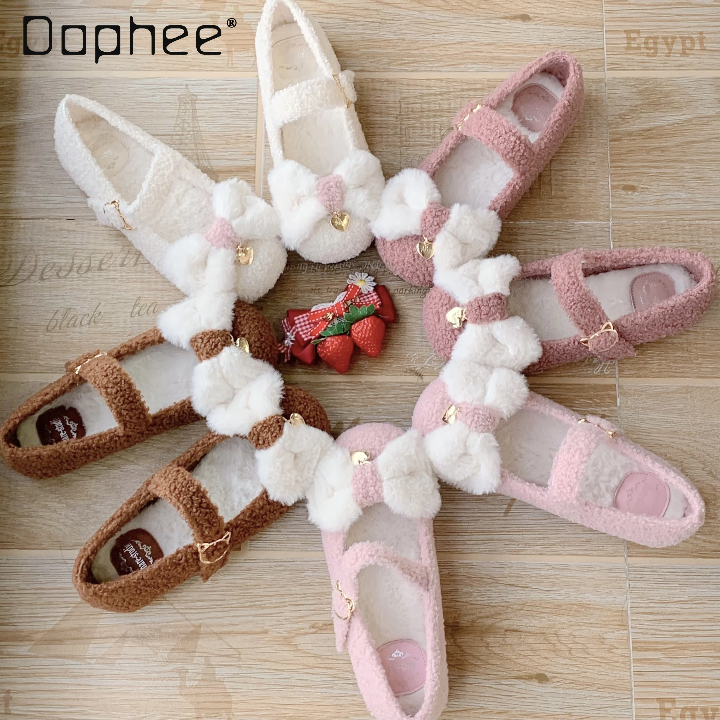 

Round Head Soft Girl Sweet Cute Bow Low Heel Fluffy Lolita Shoes Autumn and Winter Shoes for Women Artificial Short Plush Shoes