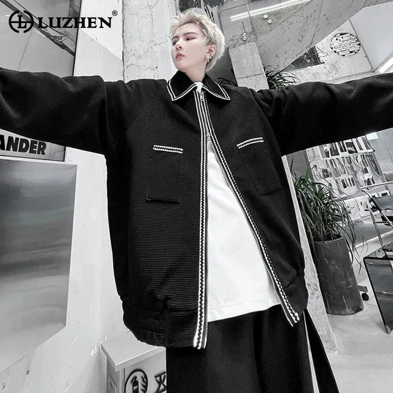 

LUZHEN Fashion Double Zipper Design Lapel Jacket Trendy Loose Men's High Street Original Outerwear Korean Sport Tops LZ5613