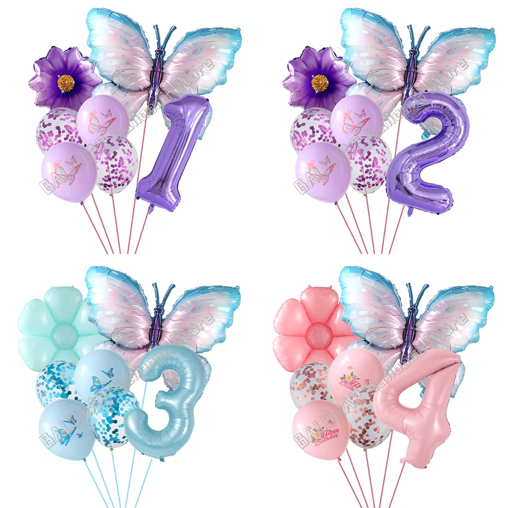 

7pcs Butterfly 40inch Number Balloons Set Pink Blue Sunflower Baby Shower Decor Helium Ballon Birthday Party Wedding Globos