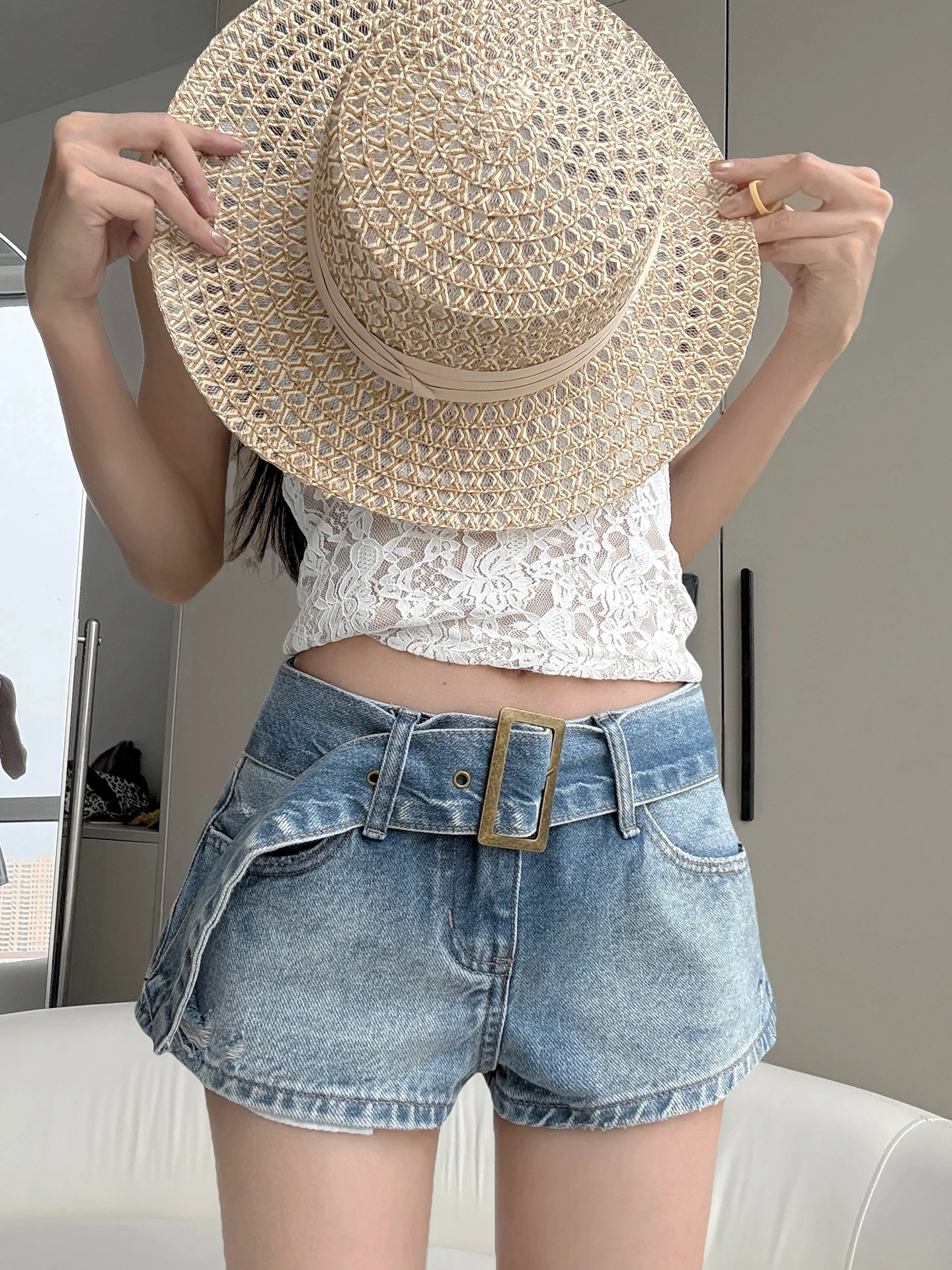 MianCun Low Waist Cotton Denim Shorts Worn Washed Vintage Workwear Style Bodycon Short Pants for Young Girls Straight Leg