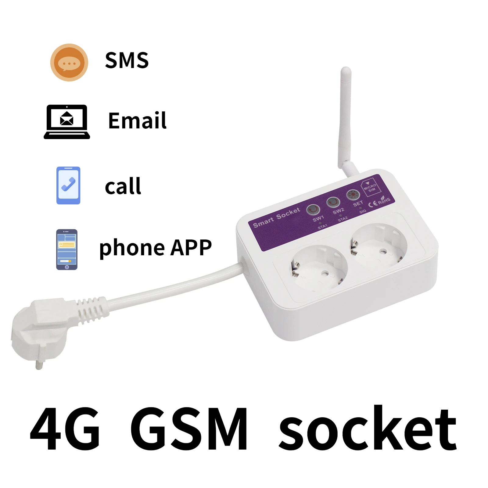 2 prises 4G WLTE-EC prise de contrôle SMS 101socket base de prise 4G Télécommande de téléphone portable Télécommande Cessmart