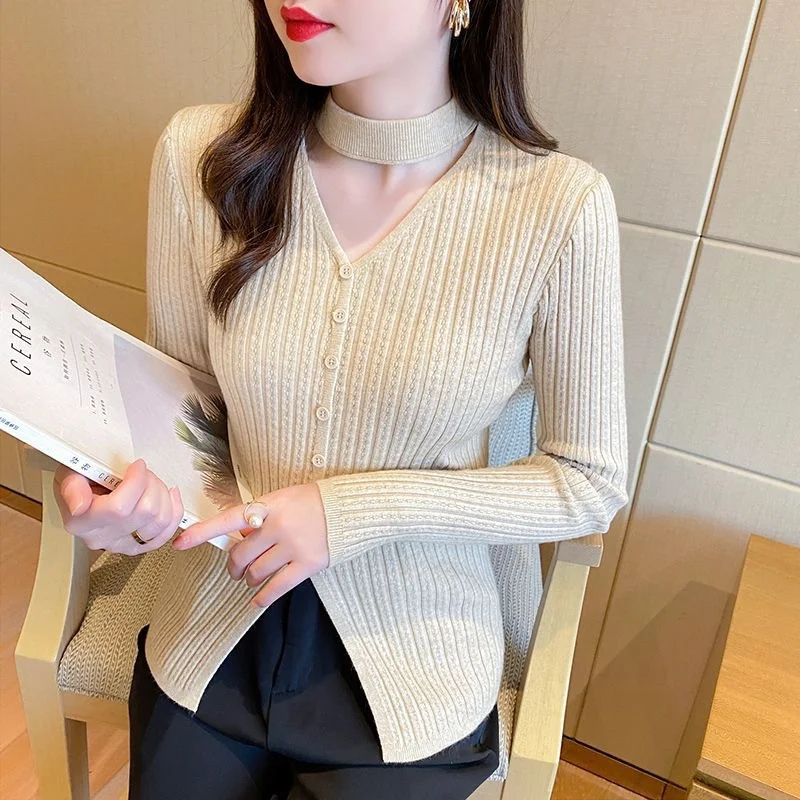 Women's Autumn New Design Sense Halter Neck Knit Camisole Long Sleeve Sweater Fashion High End Slim Fit Versatile Top