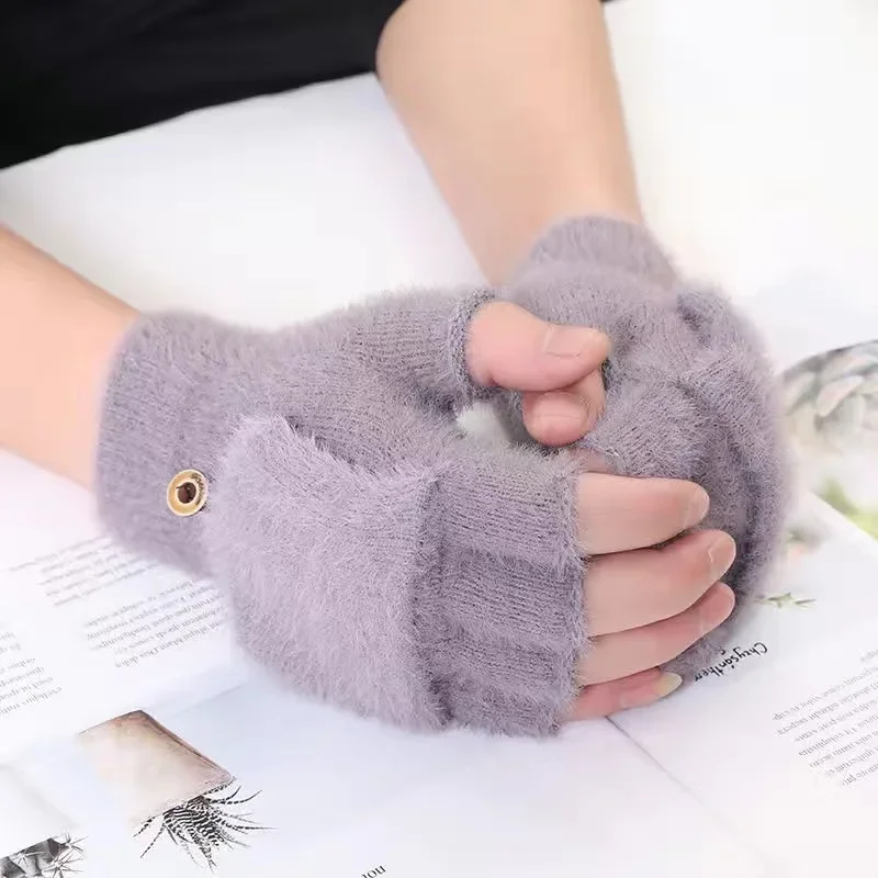 2021 Winter Warm Gloves Female Flip Fingerless Cartoon Cat Claw Gloves Male Thick Plush Warm Writing Half-finger Work Gloves