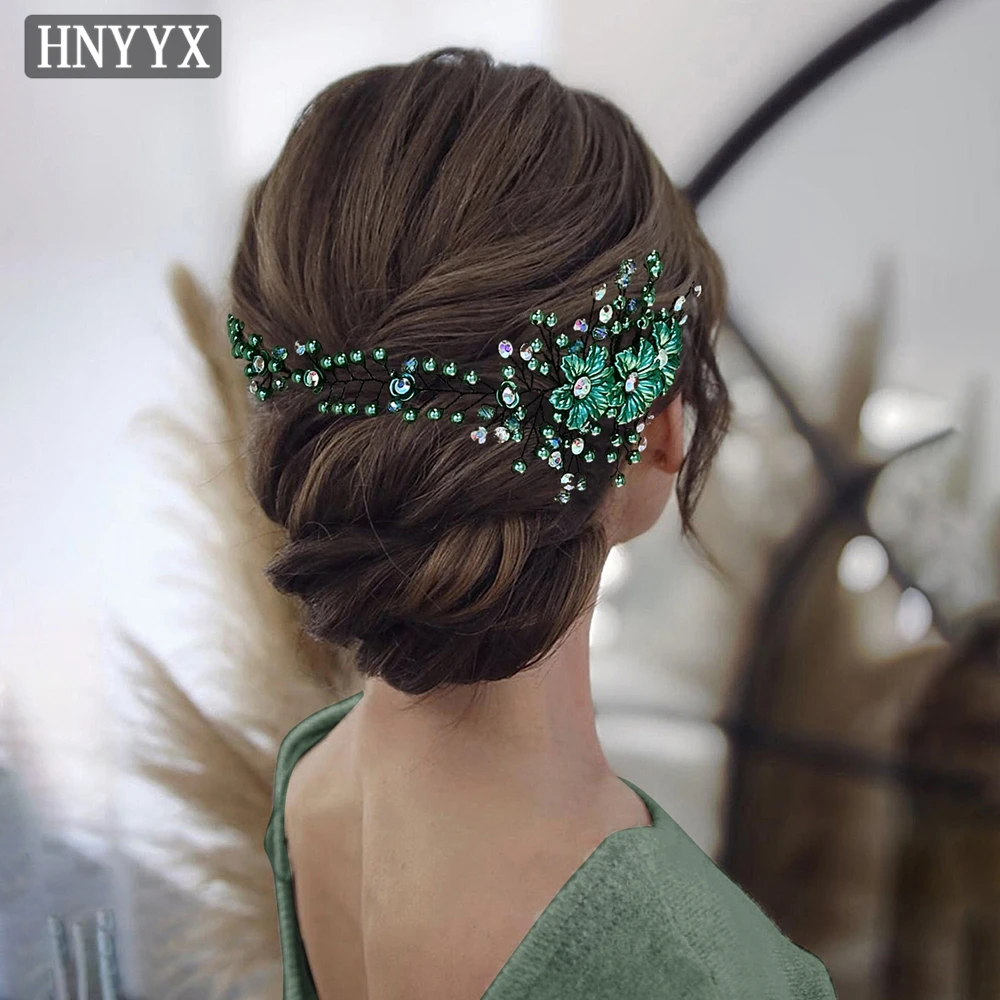 HNYYX Retro zielone Rhinestone akcesoria do włosów kolorowy kryształ zroszony biżuteria stop kwiatowe nakrycia głowy eleganckie damskie Tiara A224