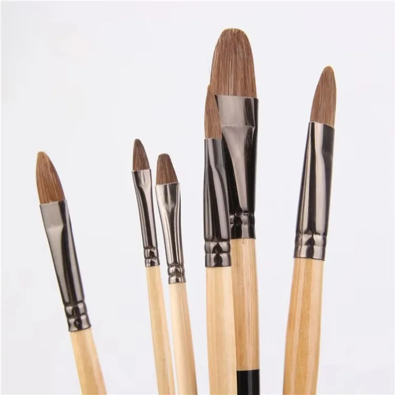 High-grade 6pcs Horsehair Brush Artist Oil Paint Brush Nail Round Long Wooden Pole Acrylic Paints Set Row Pen Student Stationery