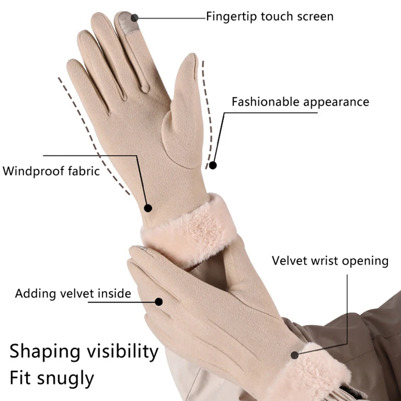 ;Kältebeständige Touchscreen-Reit-Skihandschuhe für den Außenbereich, Herbst und Winter, warme Wildlederhandschuhe und samtverdickte Plüsch-Dekor-Manschettenhandschuhe.