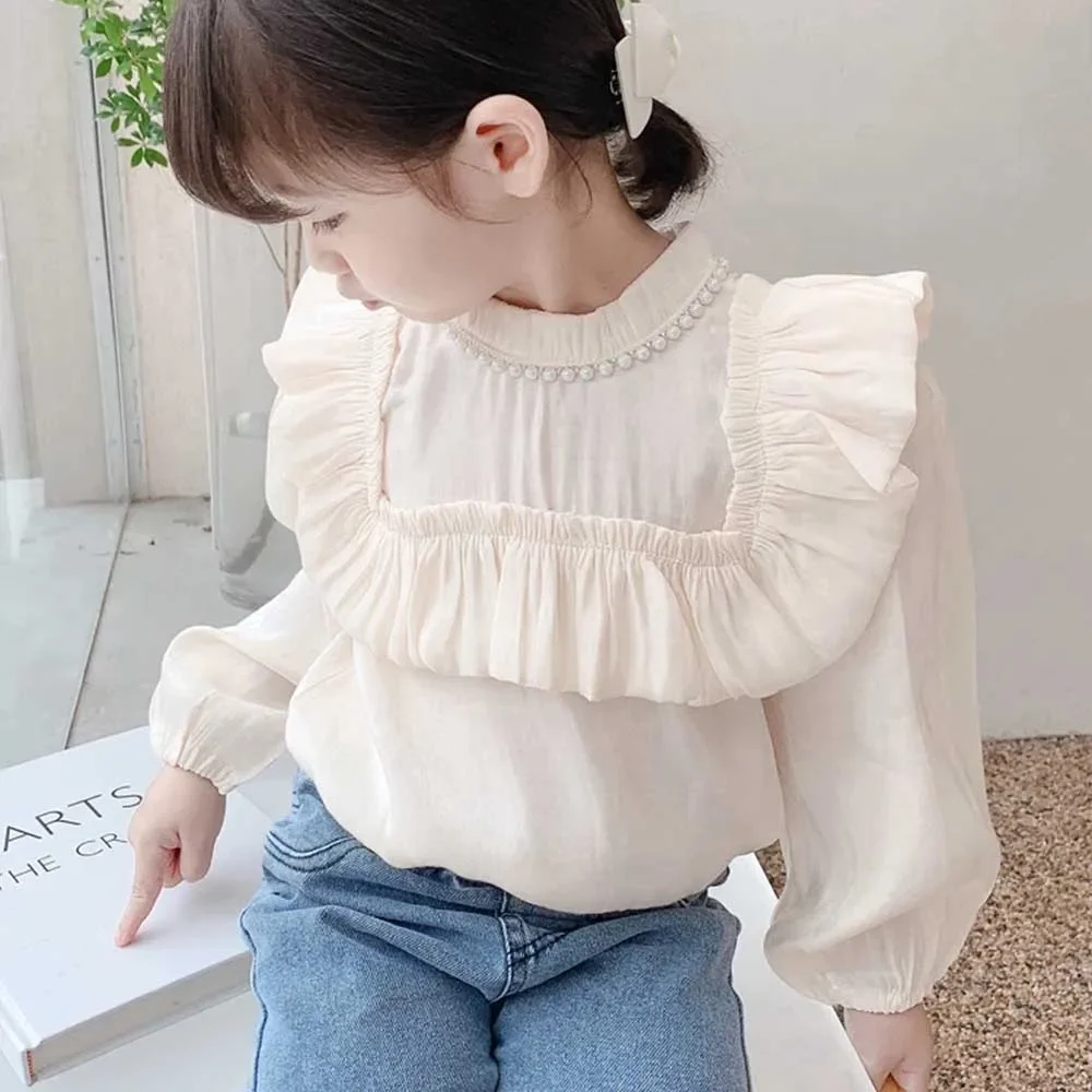 Magliette per neonate camicette a maniche lunghe per bambini camicia per bambini top di perle 2024 primavera autunno vestiti in stile coreano per