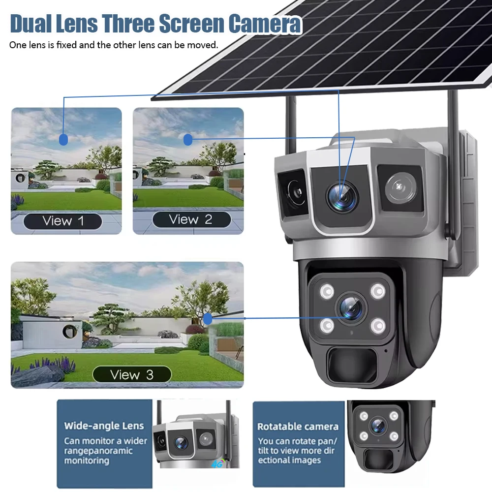 6K 12MP Dual Lens Solar IP Camera Three Screen Outdoor 4G Surveillance Waterproof Mobile Tracking Security Protection Cameras