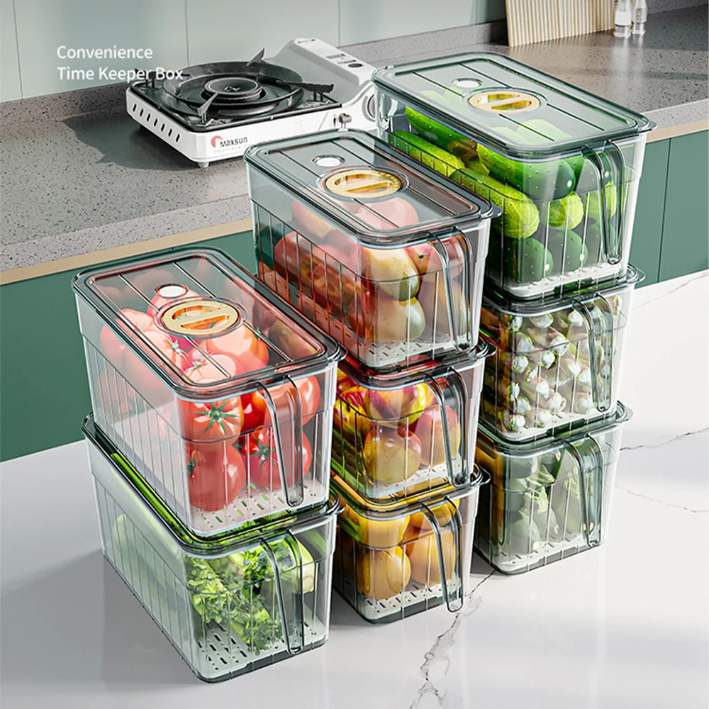 Fridge Storage Box Fruit Freshness Sealed Handheld Timing Organiser with Drainage Board for Kitchen Refrigerator Organizer Bins