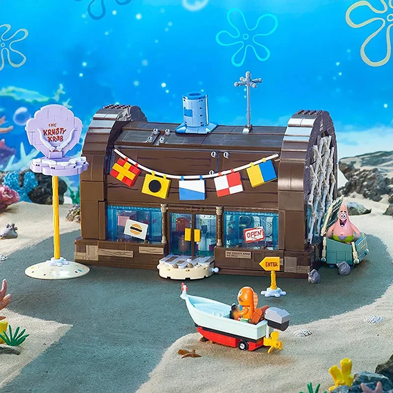 Spongebob bouwsteen Cartoon Creatieve Krusty Krab Restaurant 25e Verjaardag Model Bricks Desktop Versieren Speelgoed Voor Kid Gift