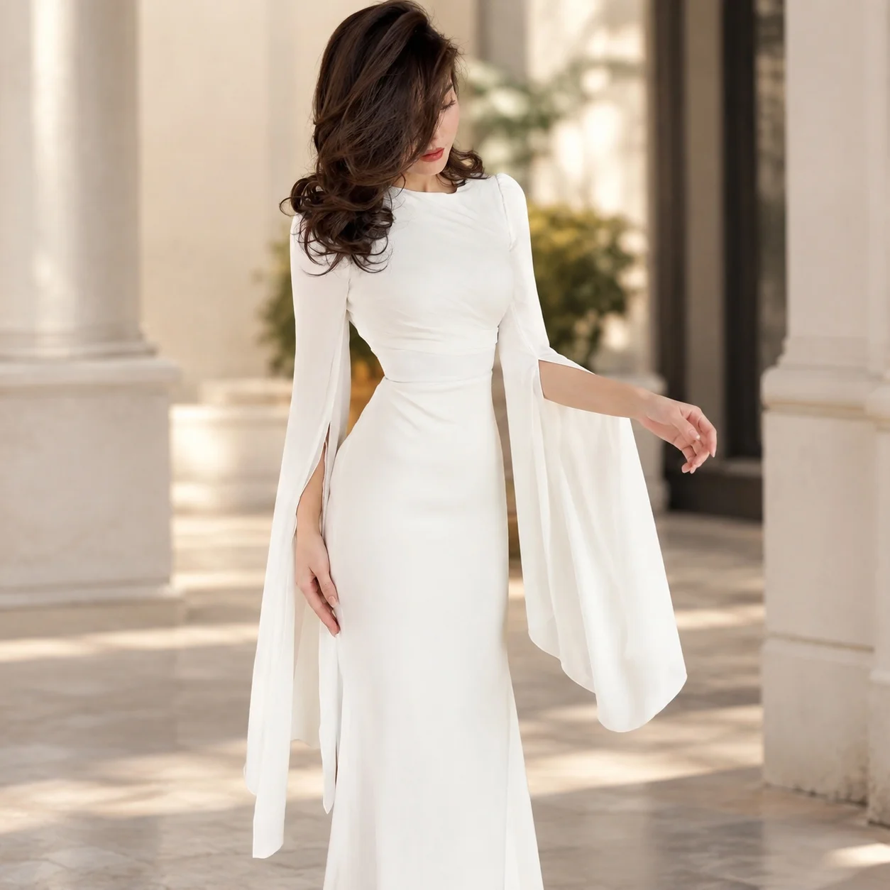 Patchwork Pleated Dress a Line Maxi Length High Waist Long Sleeve Batwing Sleeve Round Neck Pullover Workwear for Women Summer