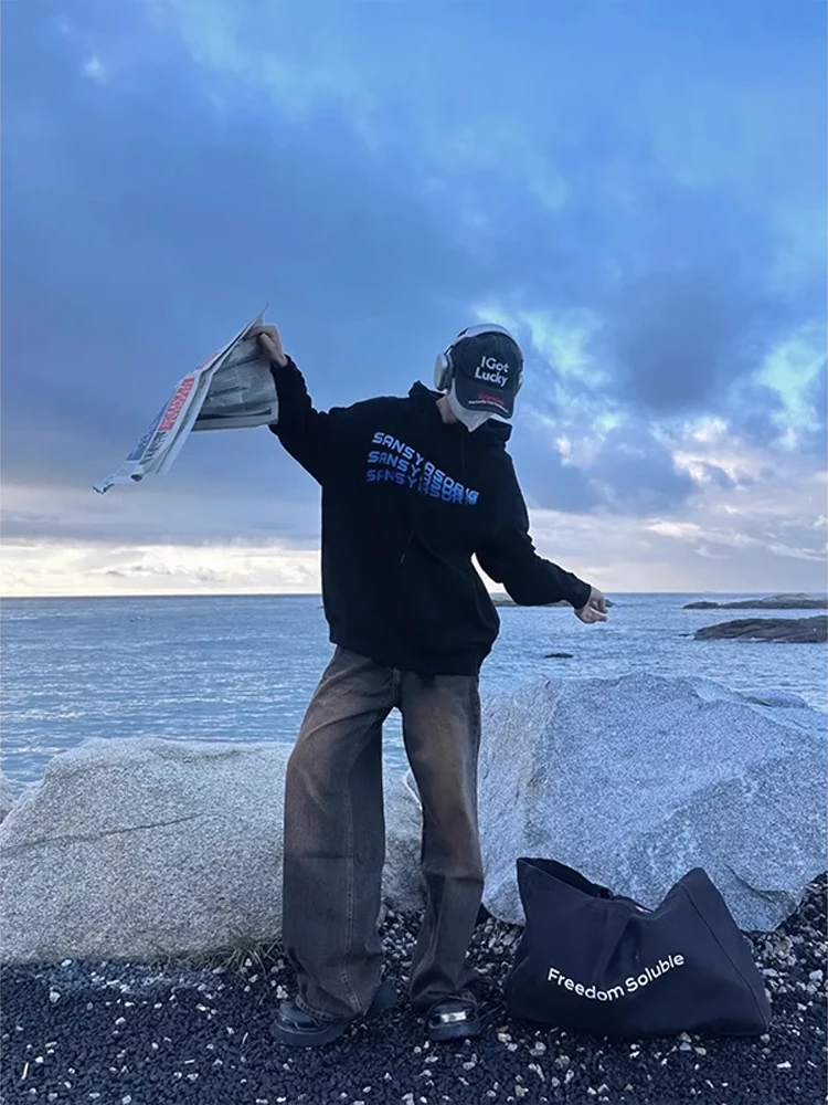 

Oversize Hoodie Sweatirt Men's Spring Autumn Cotton Polyester Wave Letter Print Casual Street Sle Hard And Stiff Jaet