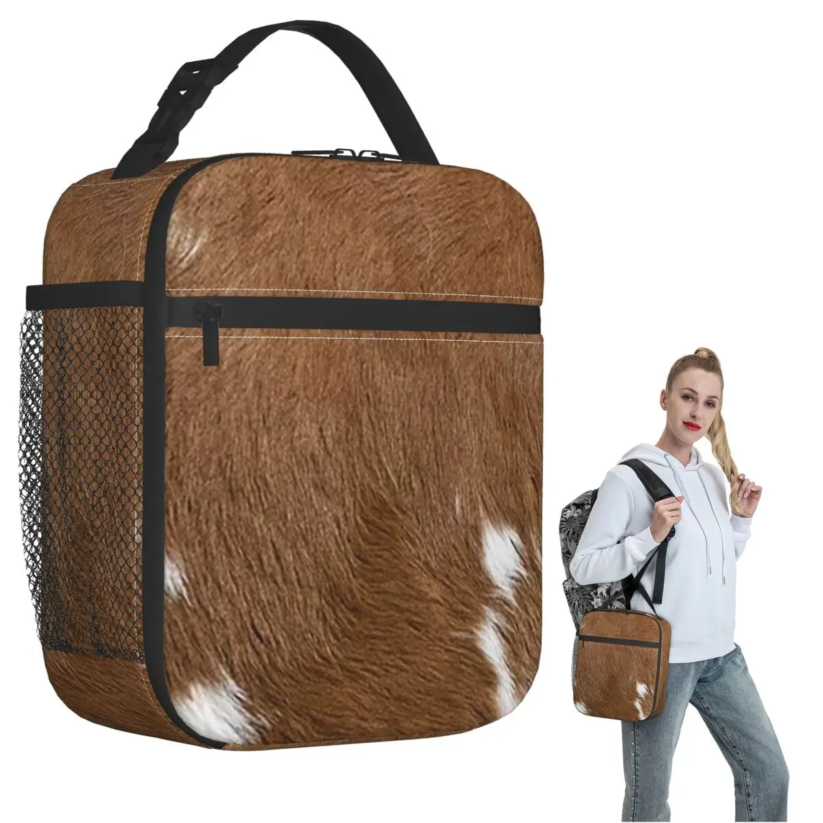 Stylish Cow Fur Cowhide Texture Cow Skin Print Pattern Insulated Lunch Bag for Women Kids Food Boxes Thermal Lunch Box Tote