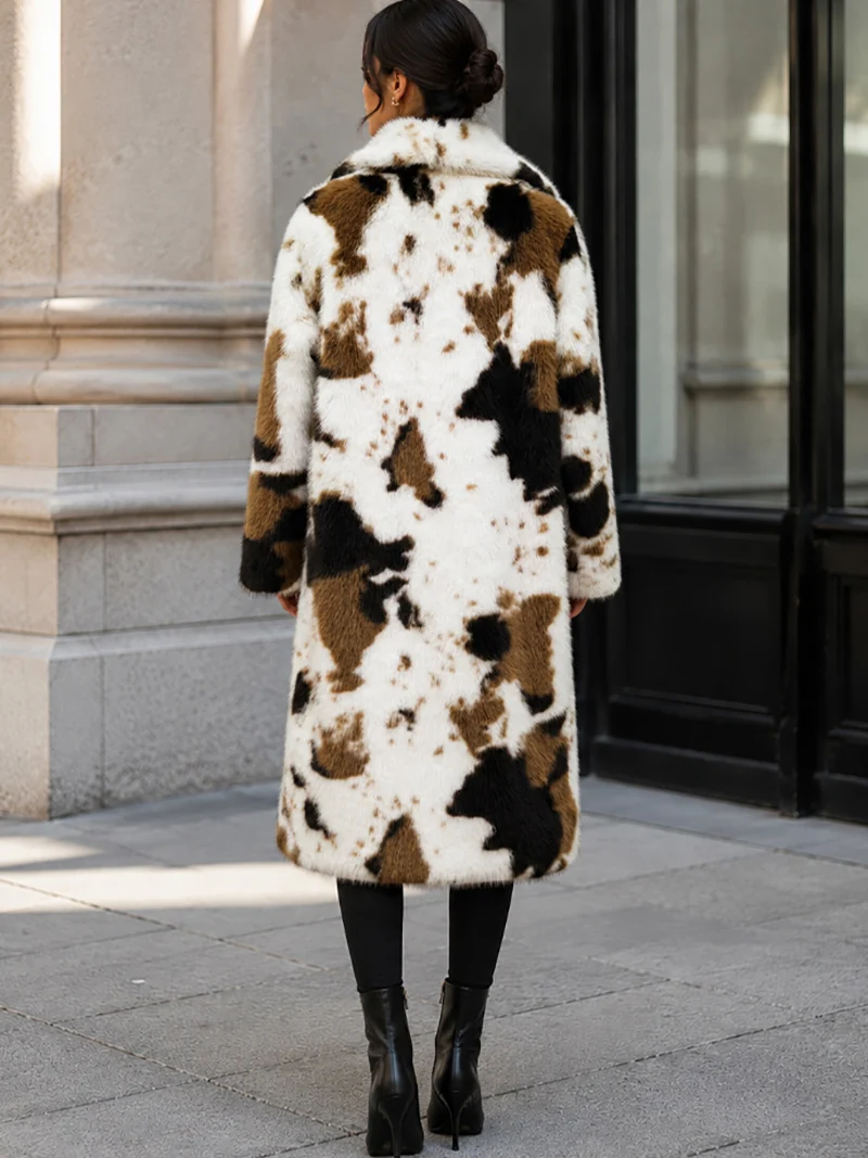 ZADORIN Luxury Women Cow Print Fluffy Faux Fur Coat Long Oversized Winter Jacket Big Collar Thick Warm Overcoat Chic Streetwear