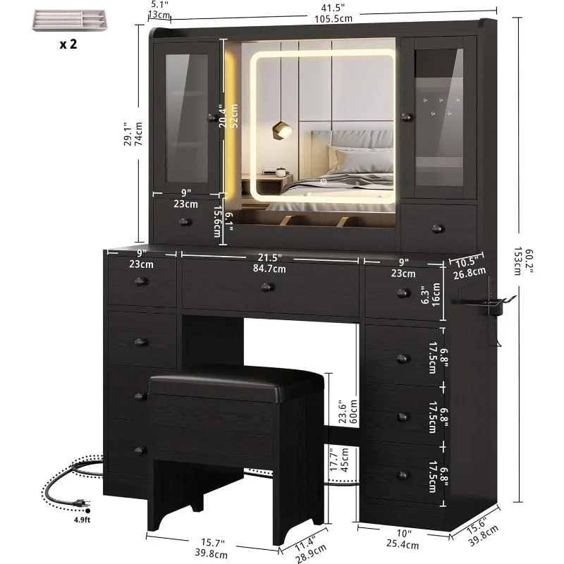 Vanity Desk with LED Lights Mirror and Charging Station, Makeup Vanity Table with Jewelry Armoire, Storage Bench，and 11 Drawers